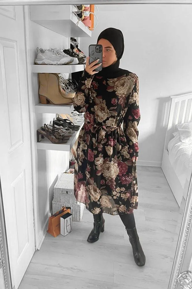 Self Tie Belt Floral Print Chiffon Modest Dress