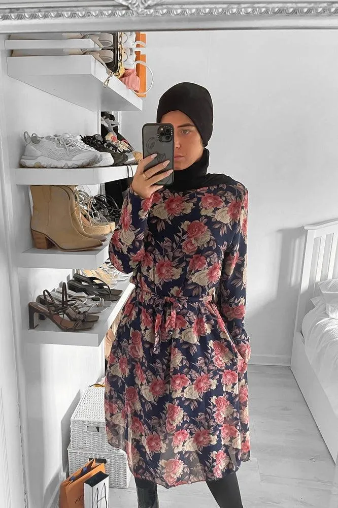 Self Tie Belt Floral Print Chiffon Modest Dress