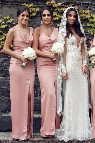 Sexy Mermaid Slit Backless Bridesmaid Dress Long Spaghetti Straps Bridesmaid Dress