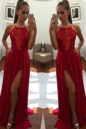 Sexy Unique Red A-Line Halter Split-Front Formal Dress Chiffon Sleeveless Long Prom Dresses