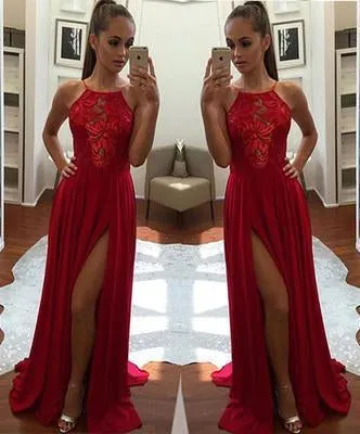 Sexy Unique Red A-Line Halter Split-Front Formal Dress Chiffon Sleeveless Long Prom Dresses