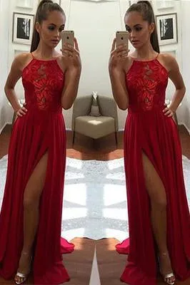 Sexy Unique Red A-Line Halter Split-Front Formal Dress Chiffon Sleeveless Long Prom Dresses