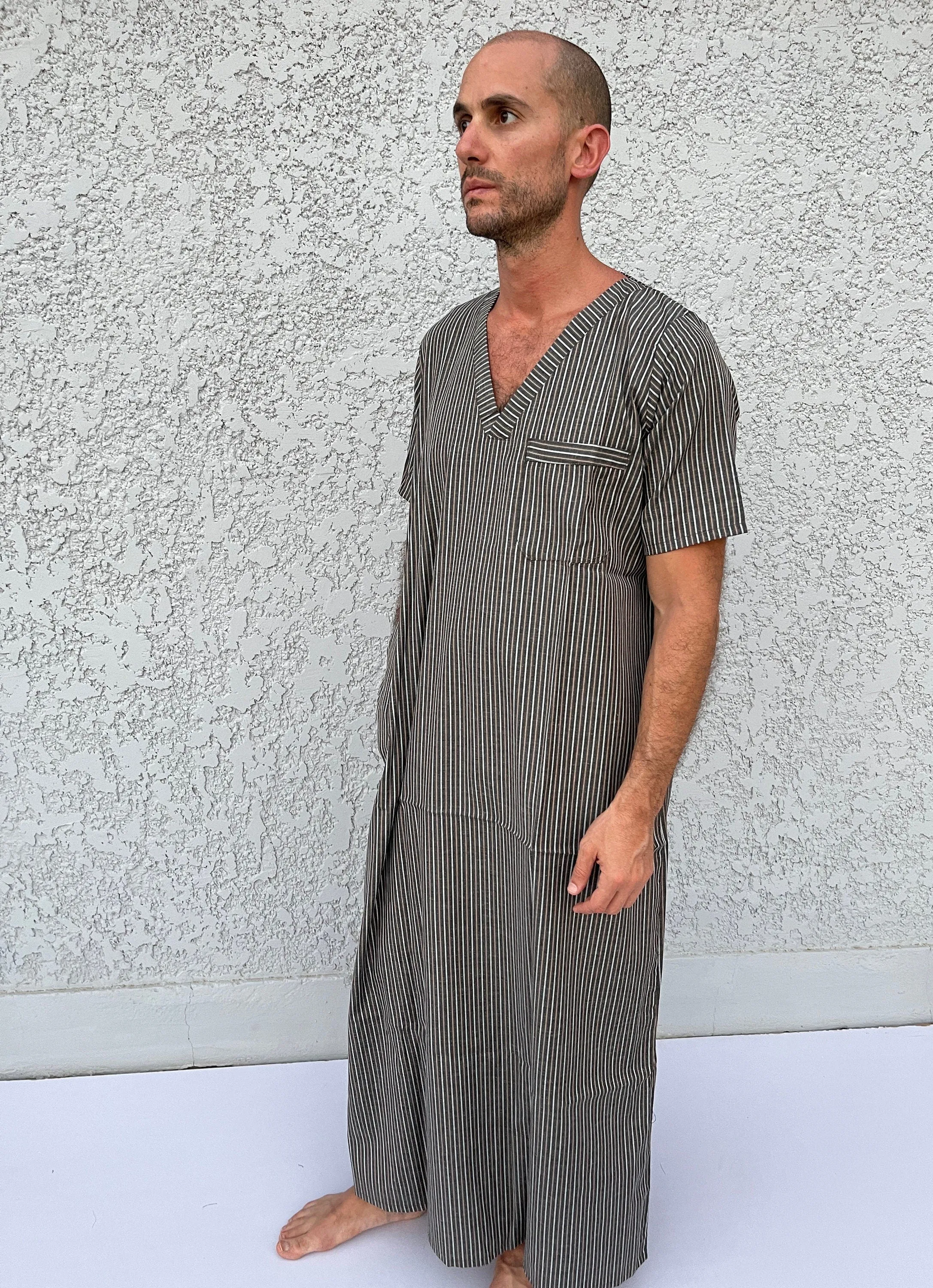 Striped Men's Kaftan, Short sleeve Men's kaftan, Cotton men caftan, caftans for men,  men clothing, gift for men, husband gift, gift for him