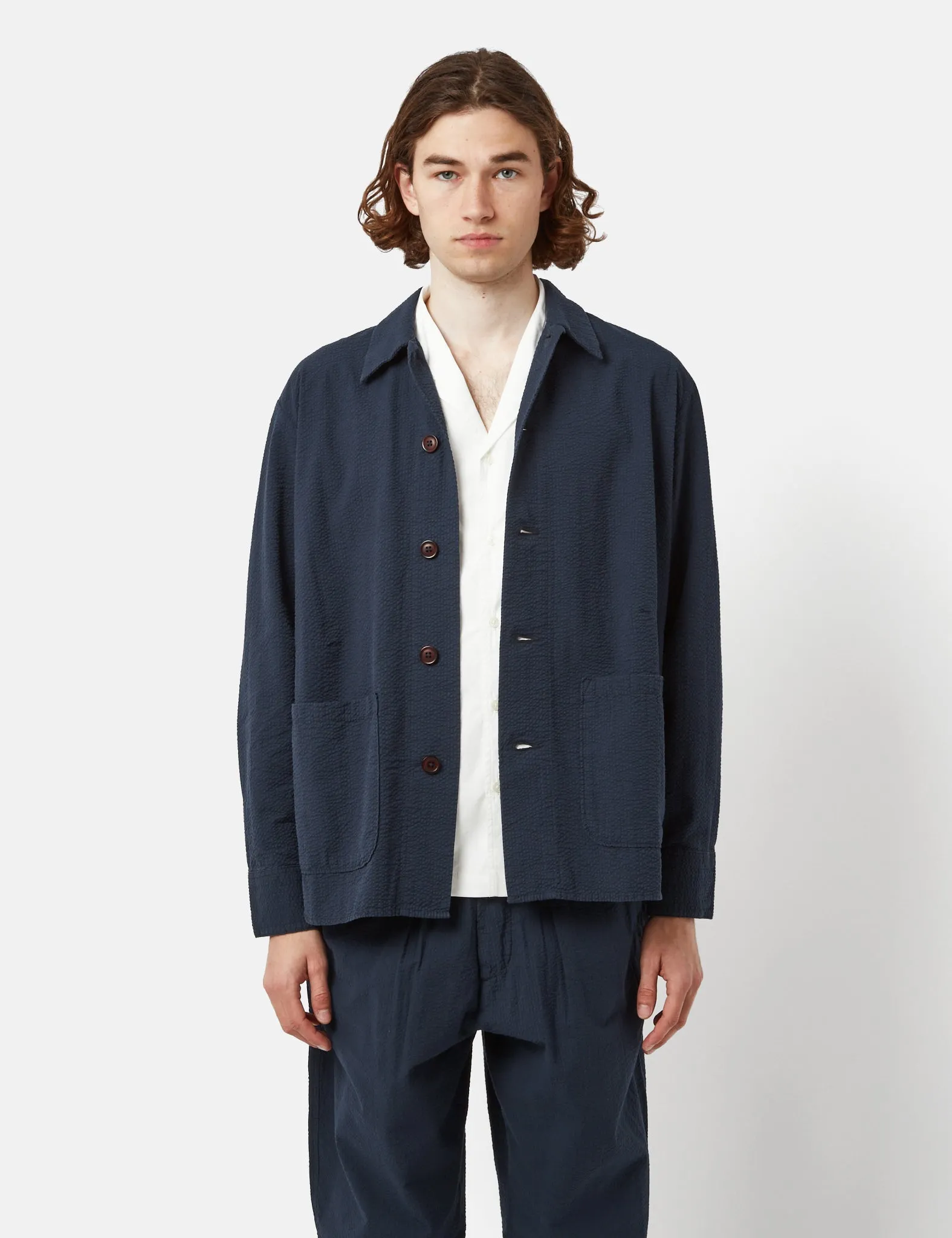 Universal Works Travail Shirt (Seersucker) - Navy Blue