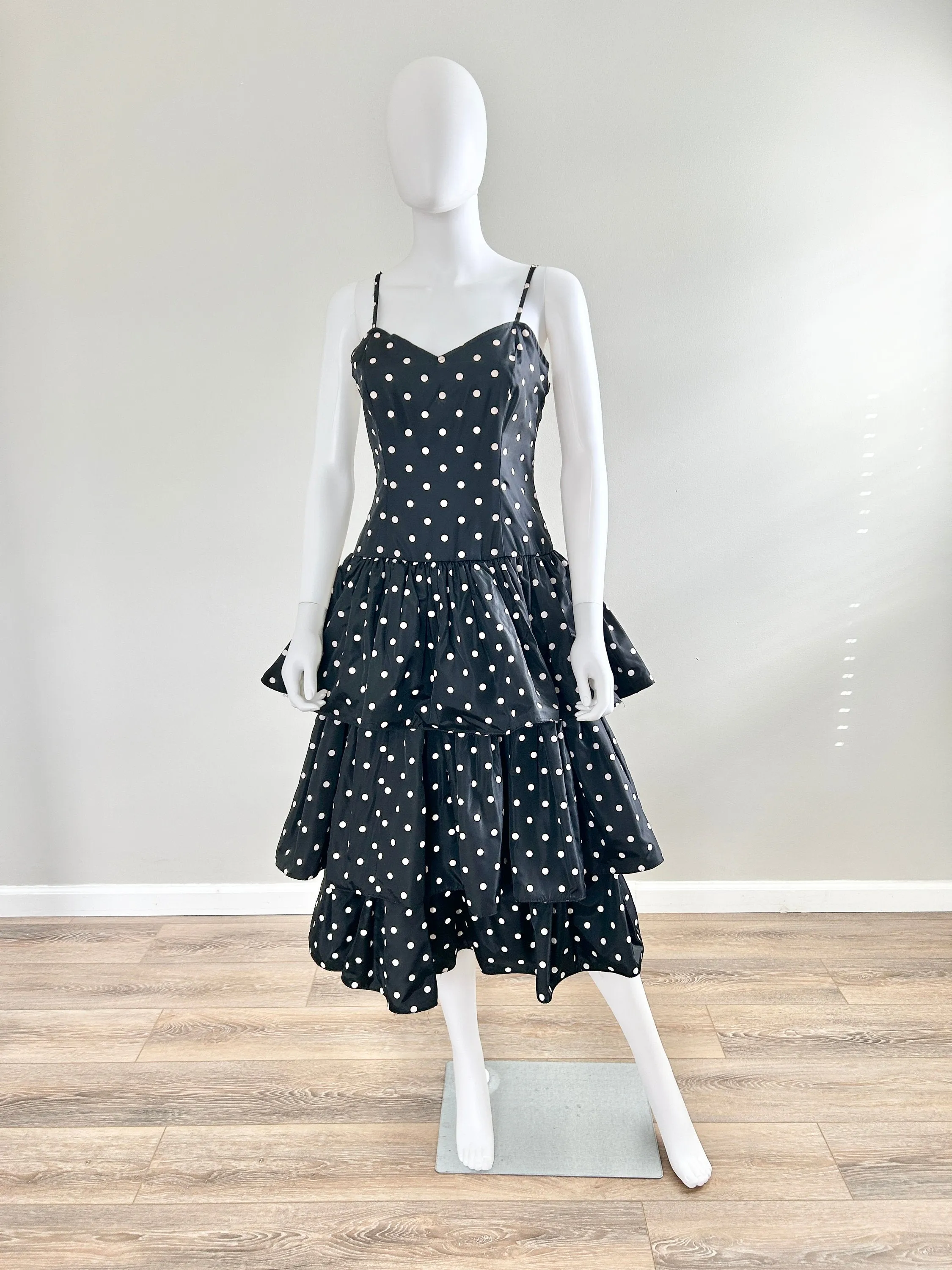 Vintage 1980s Black and White Polka Dot Party Dress / 80s retro taffeta prom dress / Size M