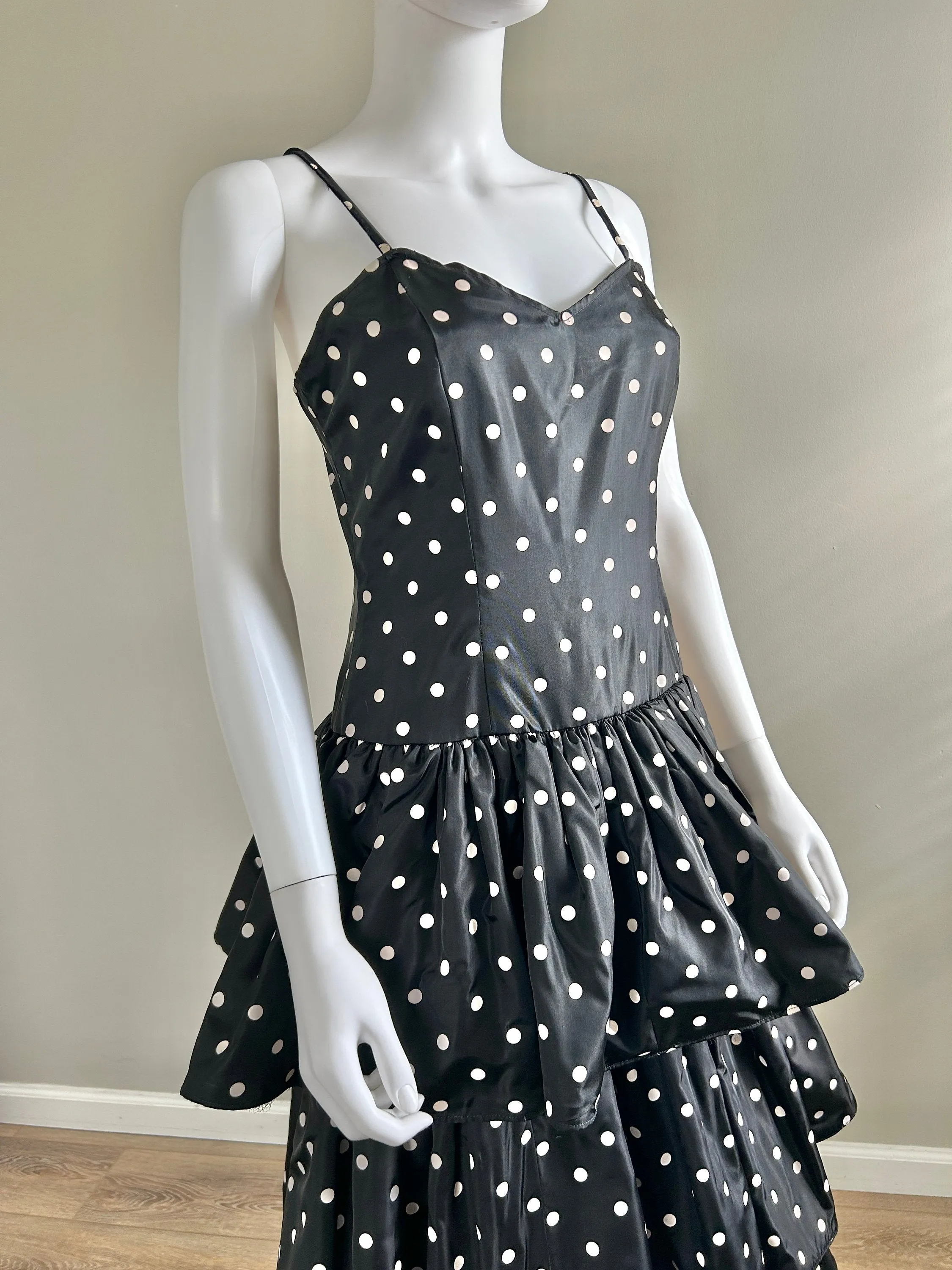 Vintage 1980s Black and White Polka Dot Party Dress / 80s retro taffeta prom dress / Size M