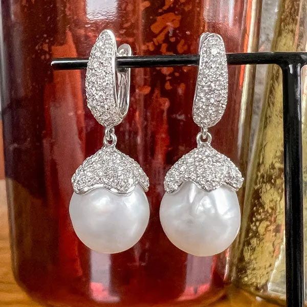 Vintage Diamond & South Sea Pearl Drop Earrings