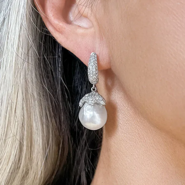 Vintage Diamond & South Sea Pearl Drop Earrings