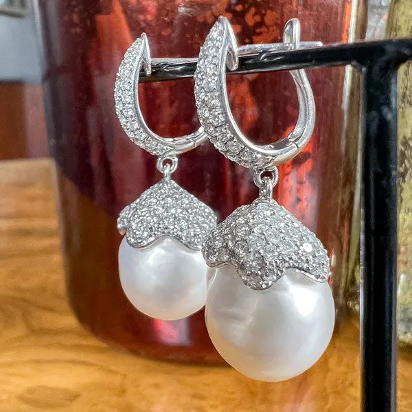 Vintage Diamond & South Sea Pearl Drop Earrings