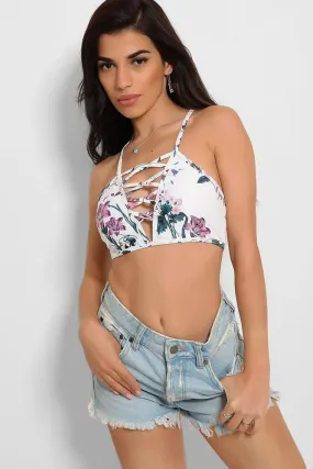 White Lattice Front Floral Print Bikini Top