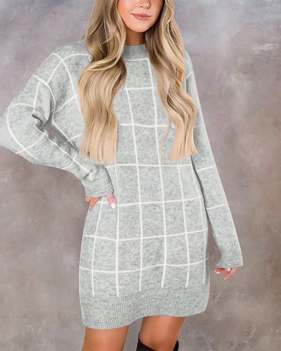 Women Crew Neck Knit Plaid Pullover Sweater Dress