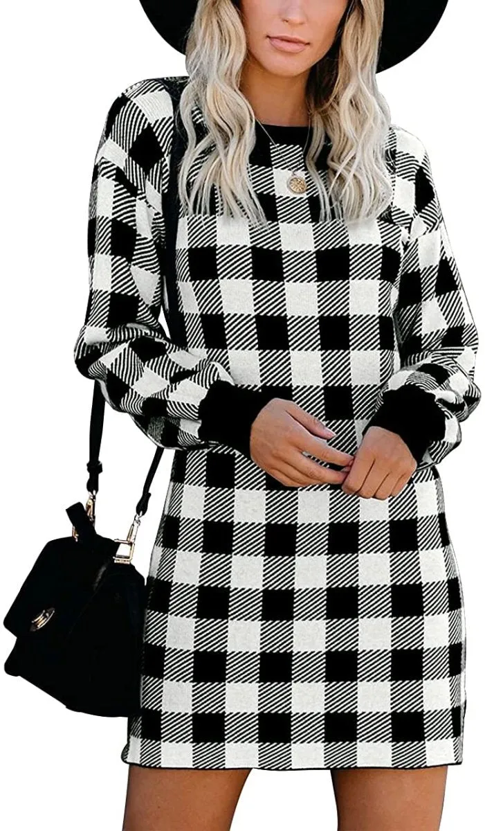 Women Crew Neck Knit Plaid Pullover Sweater Dress