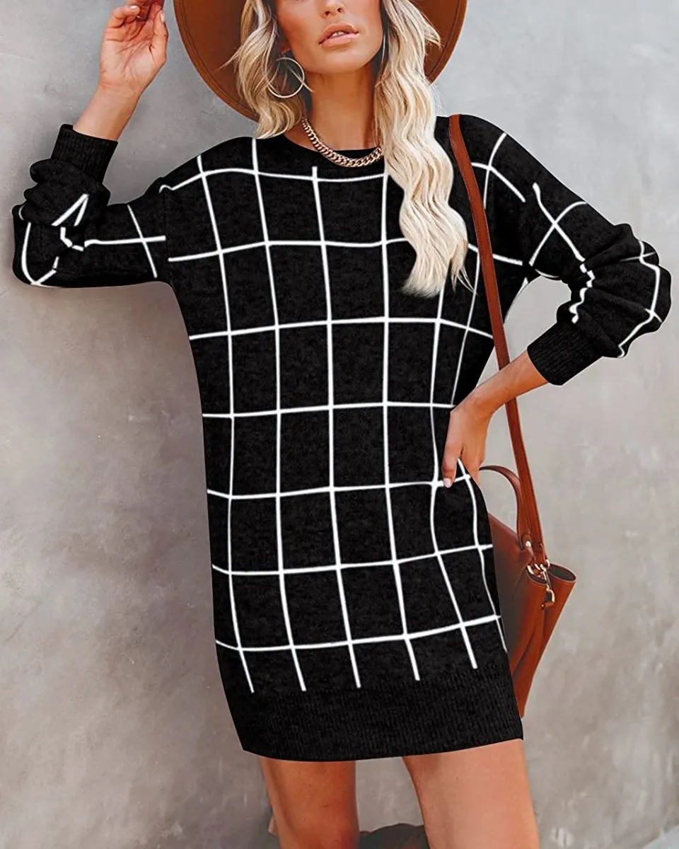 Women Crew Neck Knit Plaid Pullover Sweater Dress