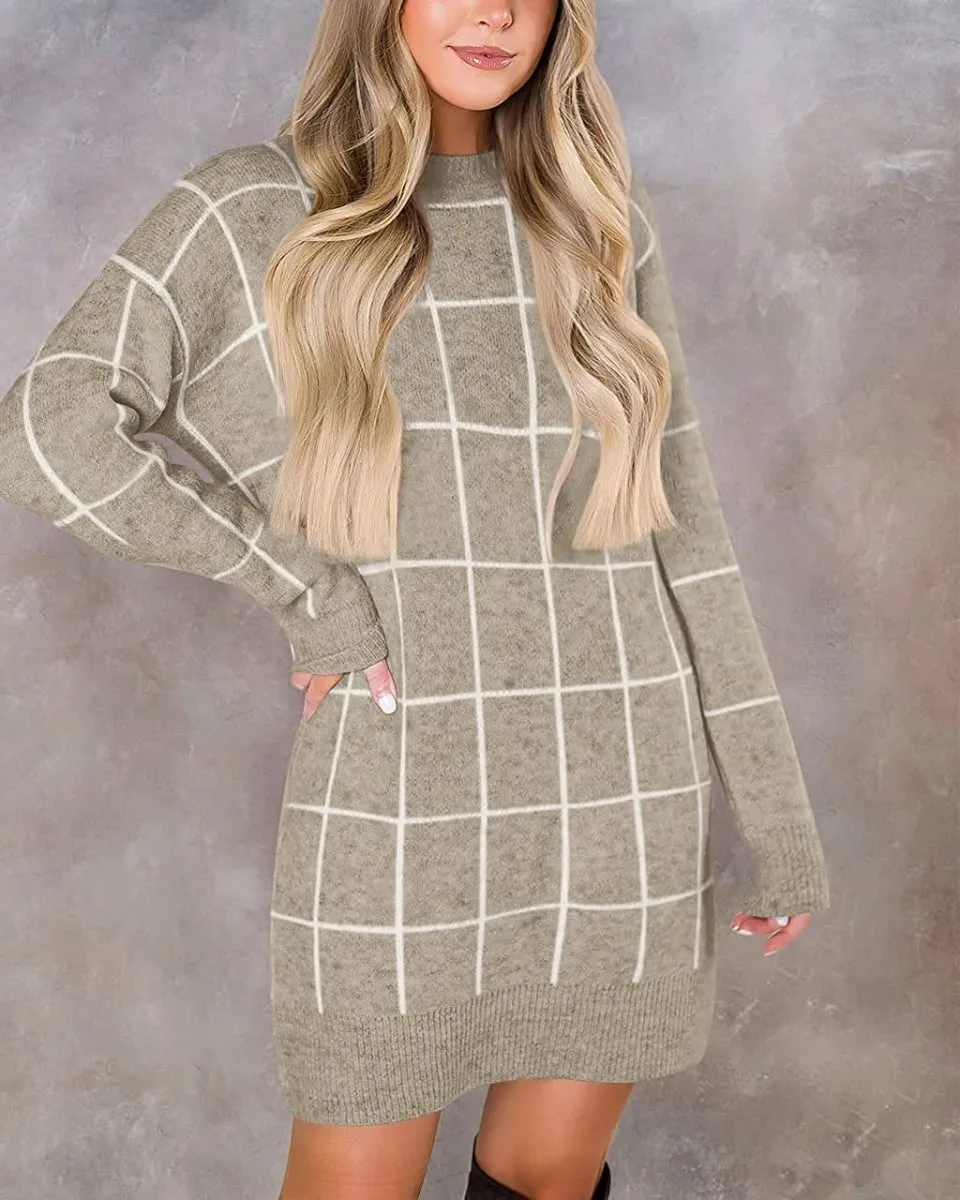 Women Crew Neck Knit Plaid Pullover Sweater Dress