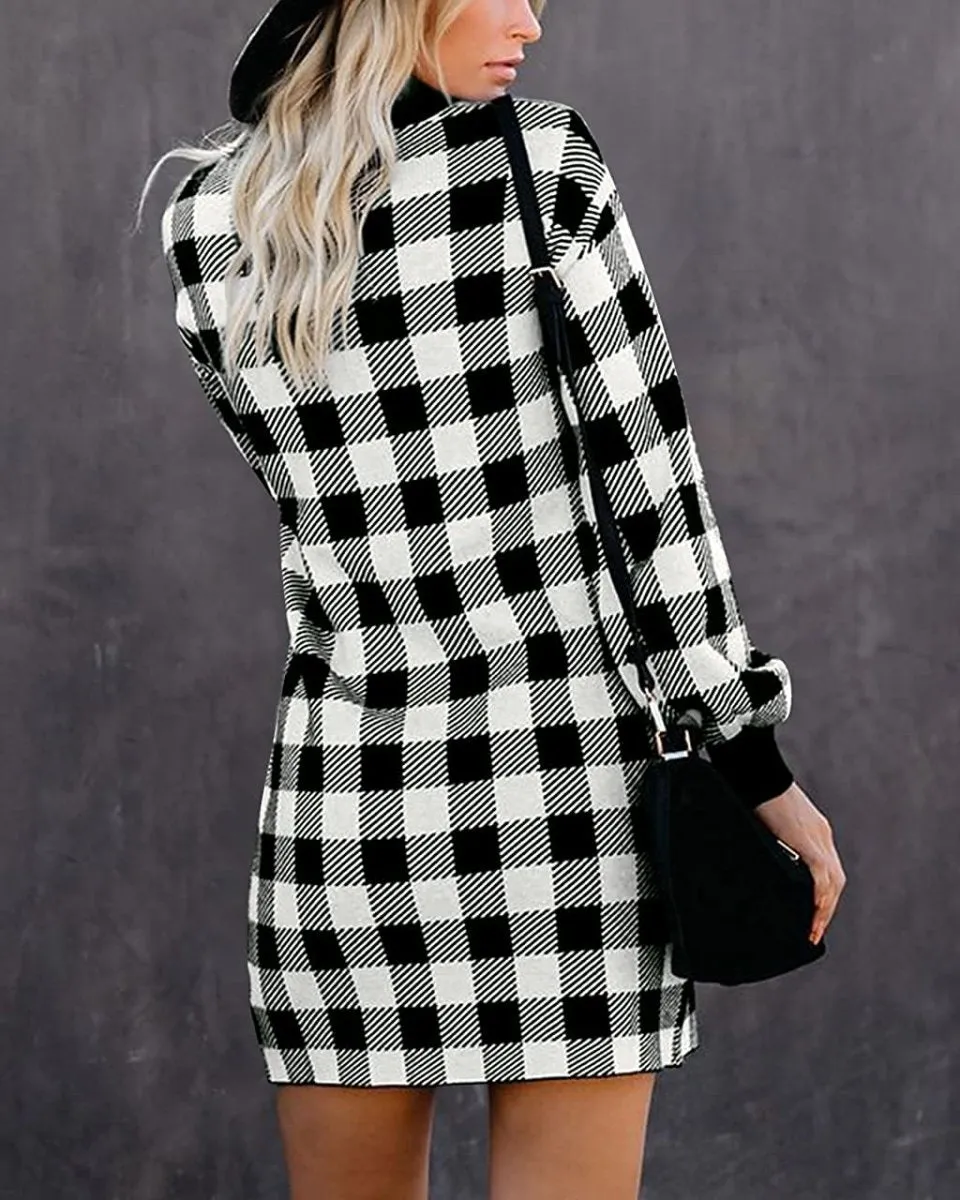 Women Crew Neck Knit Plaid Pullover Sweater Dress