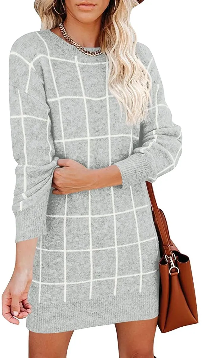 Women Crew Neck Knit Plaid Pullover Sweater Dress