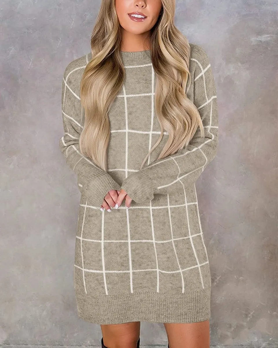 Women Crew Neck Knit Plaid Pullover Sweater Dress