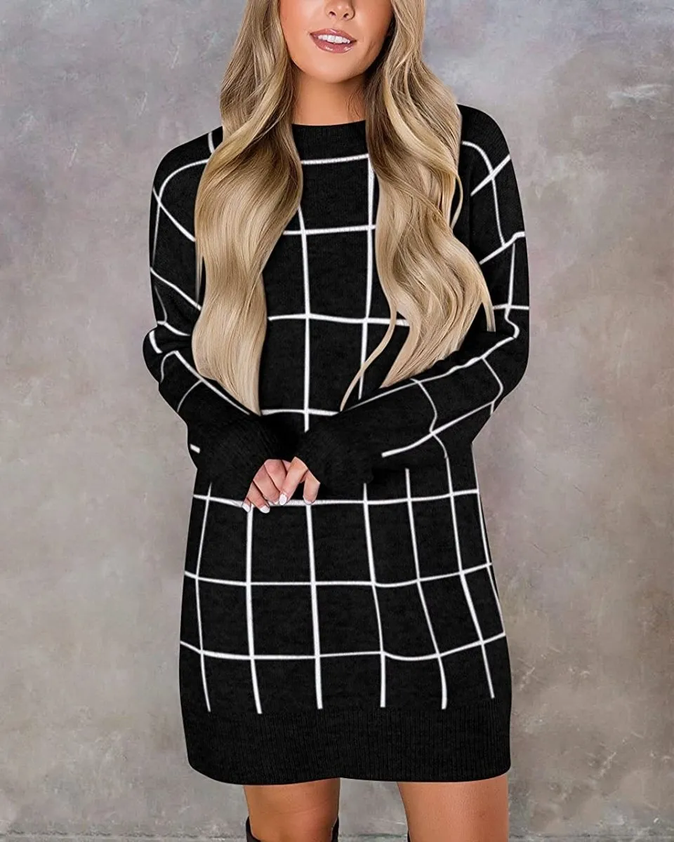 Women Crew Neck Knit Plaid Pullover Sweater Dress