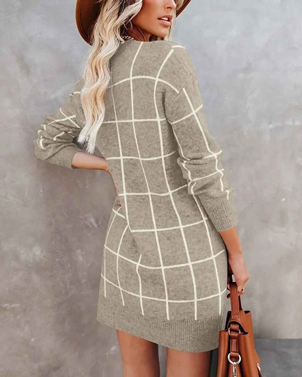 Women Crew Neck Knit Plaid Pullover Sweater Dress