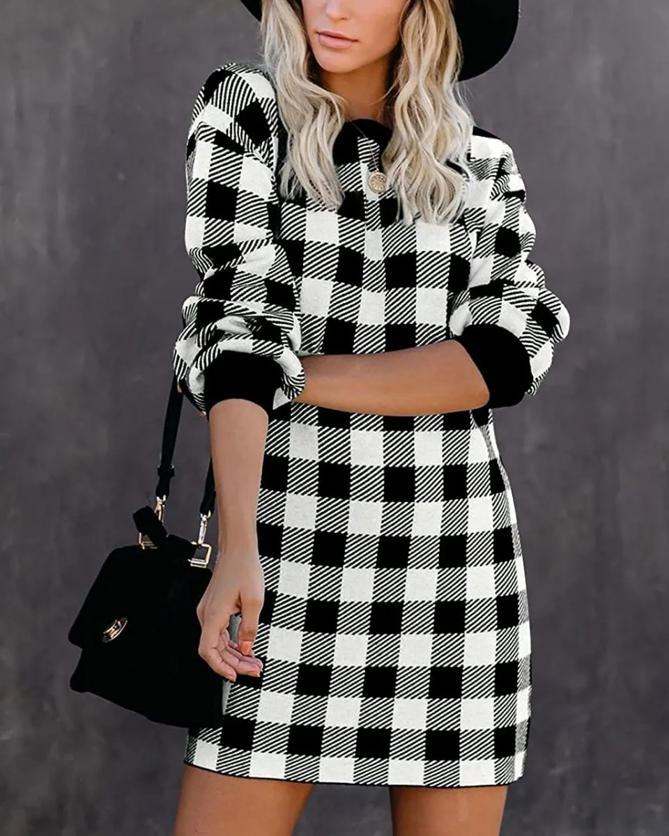 Women Crew Neck Knit Plaid Pullover Sweater Dress