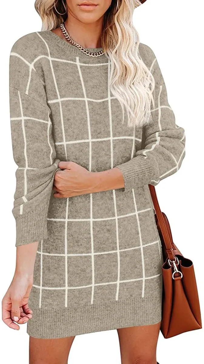 Women Crew Neck Knit Plaid Pullover Sweater Dress