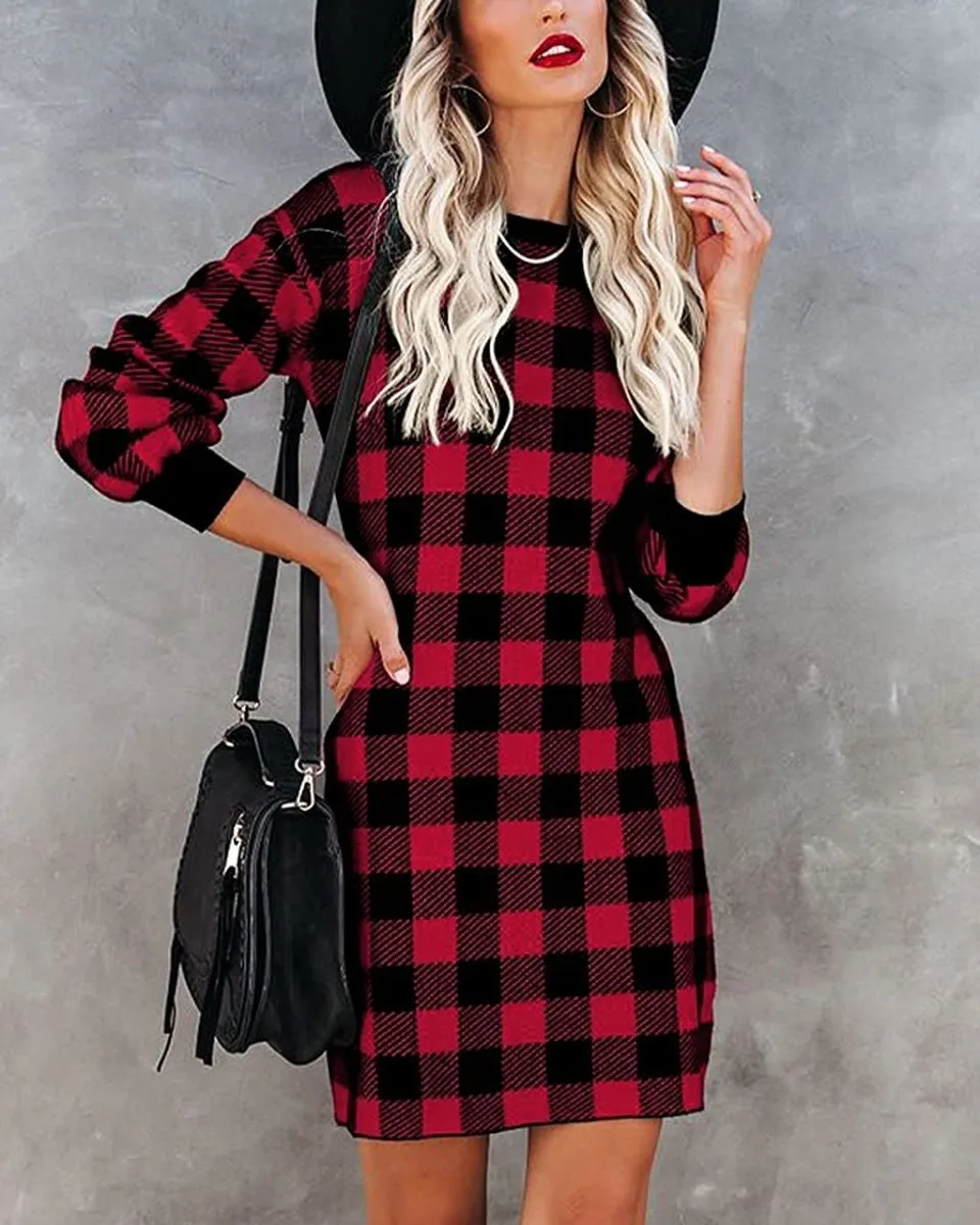 Women Crew Neck Knit Plaid Pullover Sweater Dress