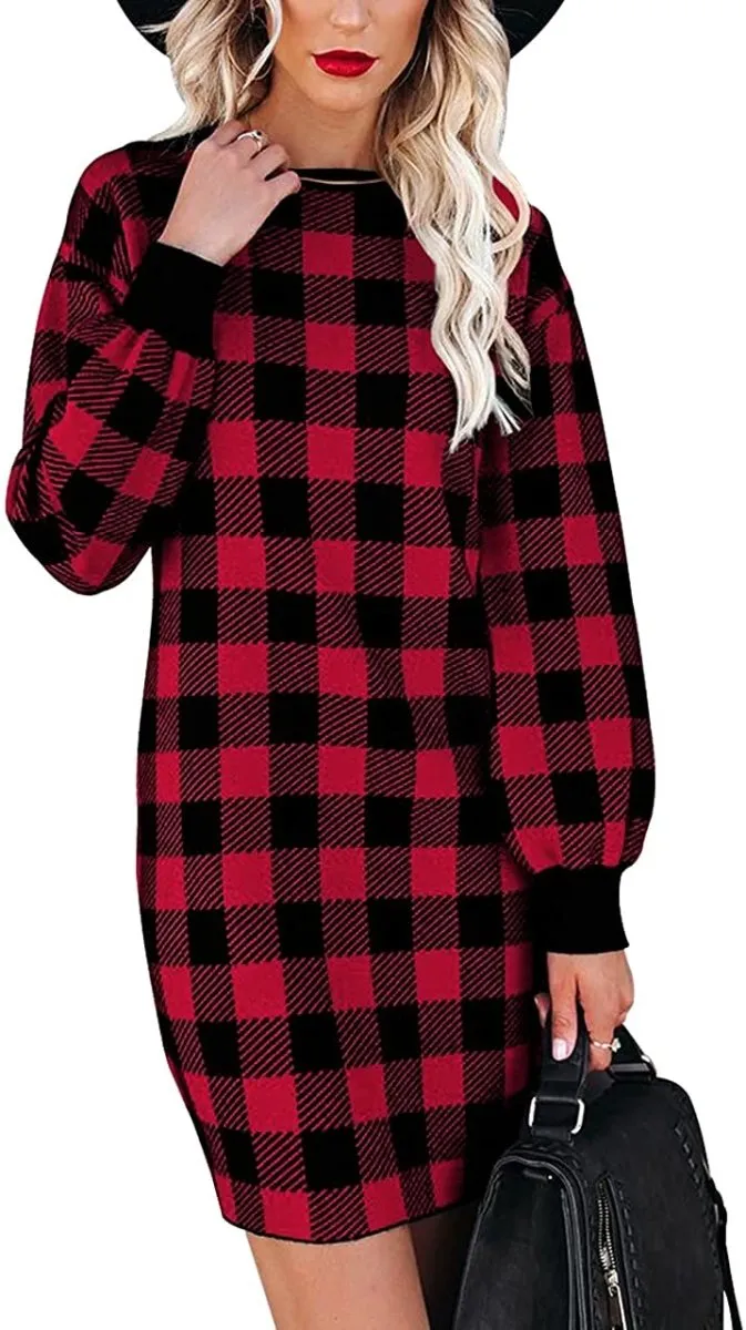 Women Crew Neck Knit Plaid Pullover Sweater Dress