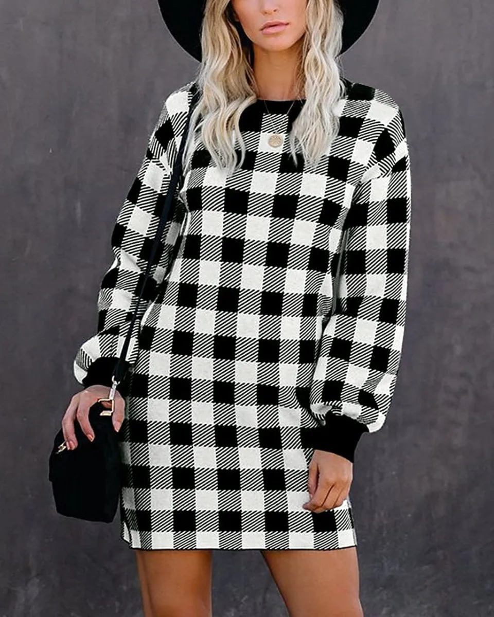 Women Crew Neck Knit Plaid Pullover Sweater Dress