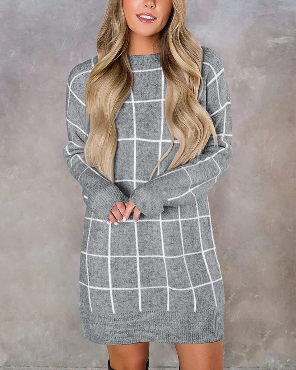 Women Crew Neck Knit Plaid Pullover Sweater Dress