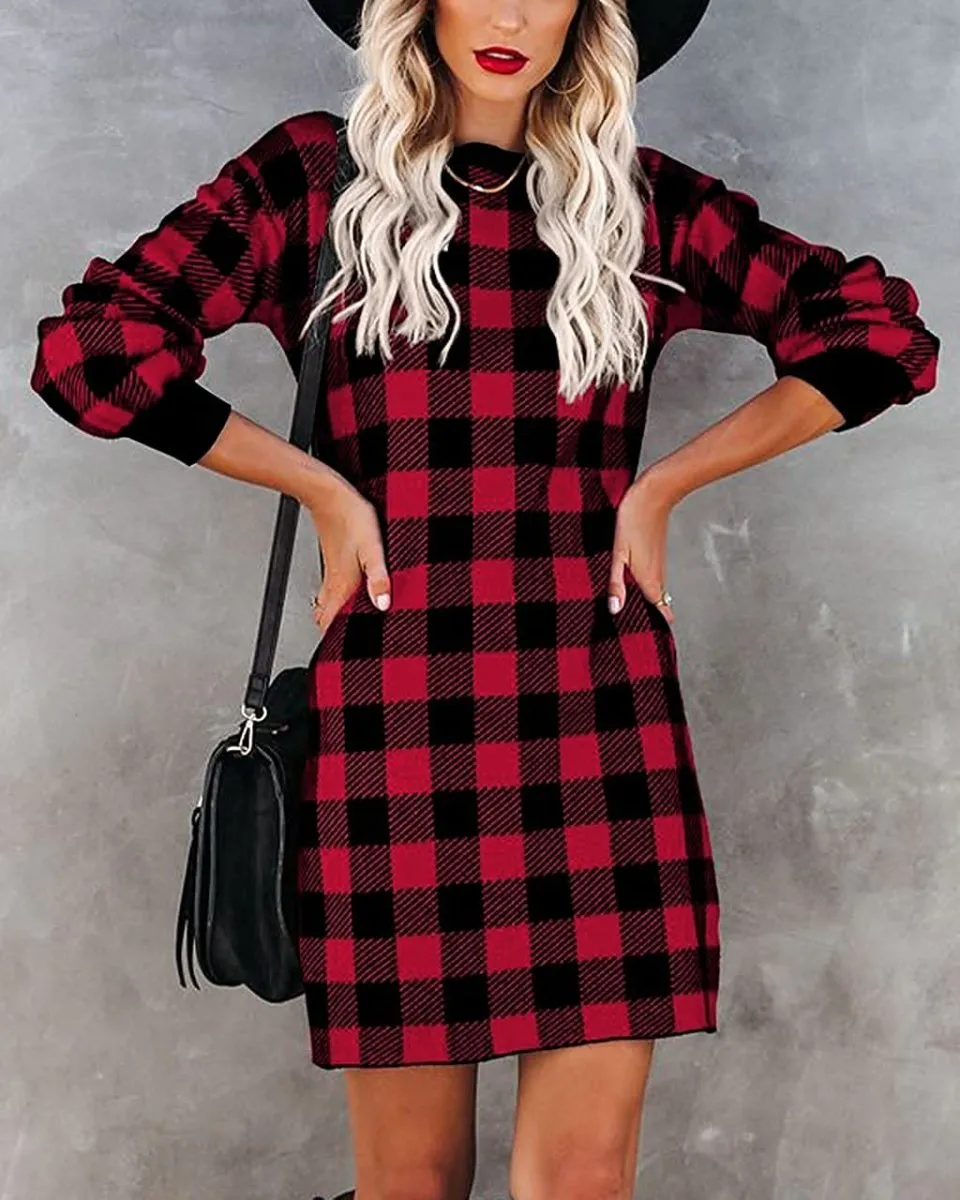 Women Crew Neck Knit Plaid Pullover Sweater Dress