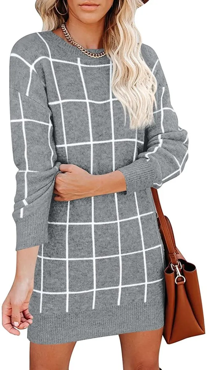 Women Crew Neck Knit Plaid Pullover Sweater Dress