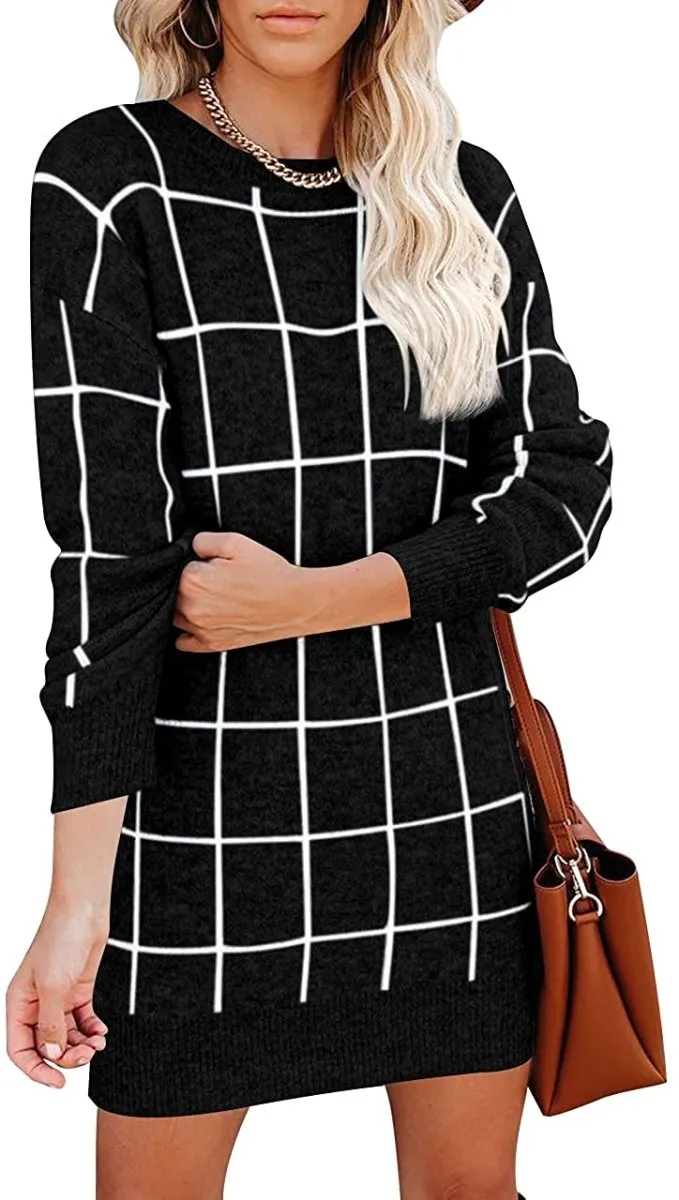 Women Crew Neck Knit Plaid Pullover Sweater Dress