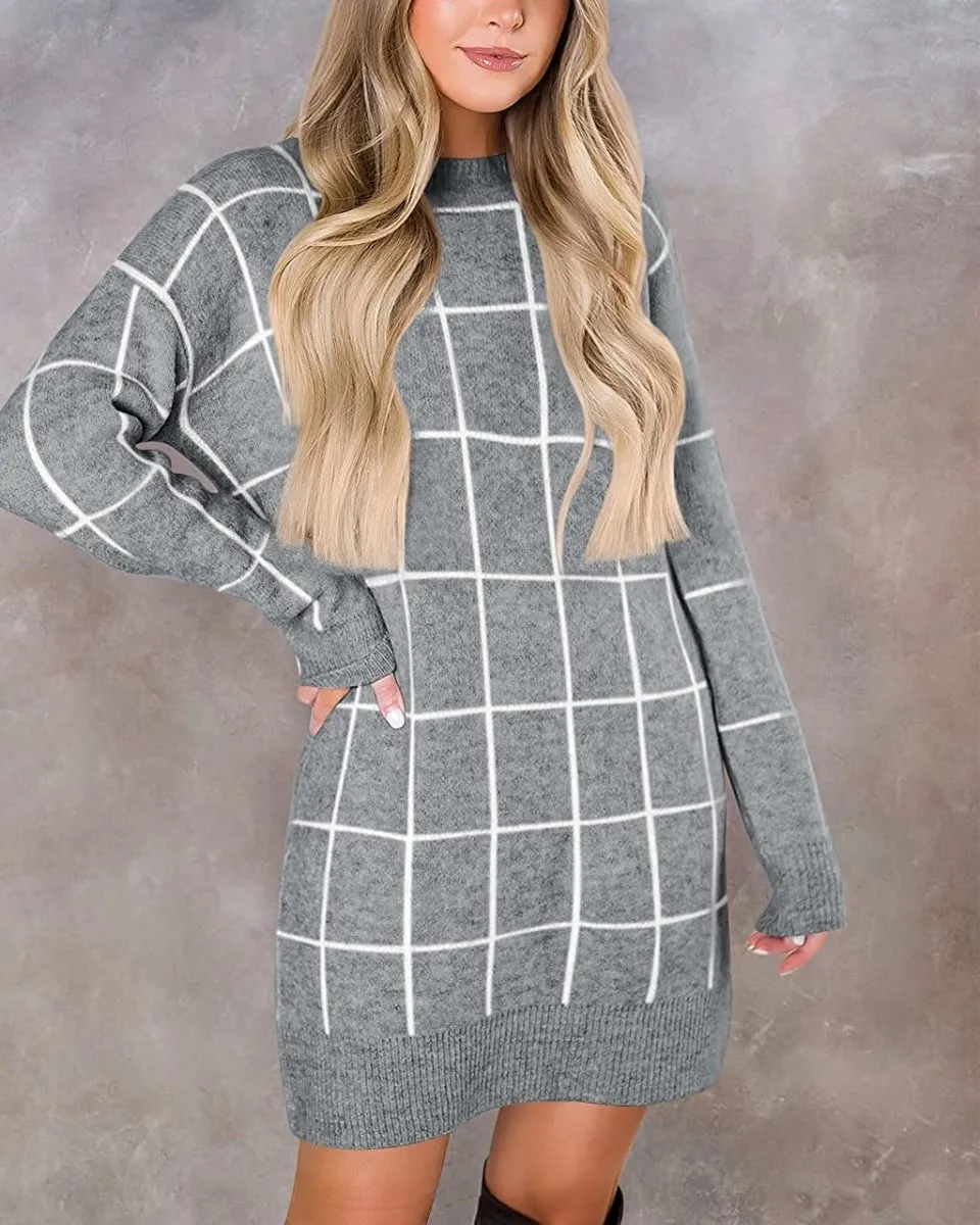 Women Crew Neck Knit Plaid Pullover Sweater Dress