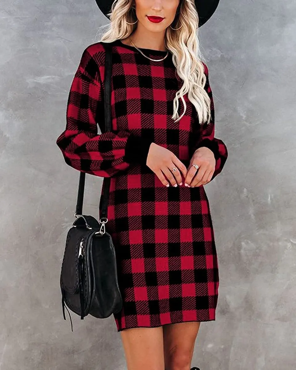 Women Crew Neck Knit Plaid Pullover Sweater Dress