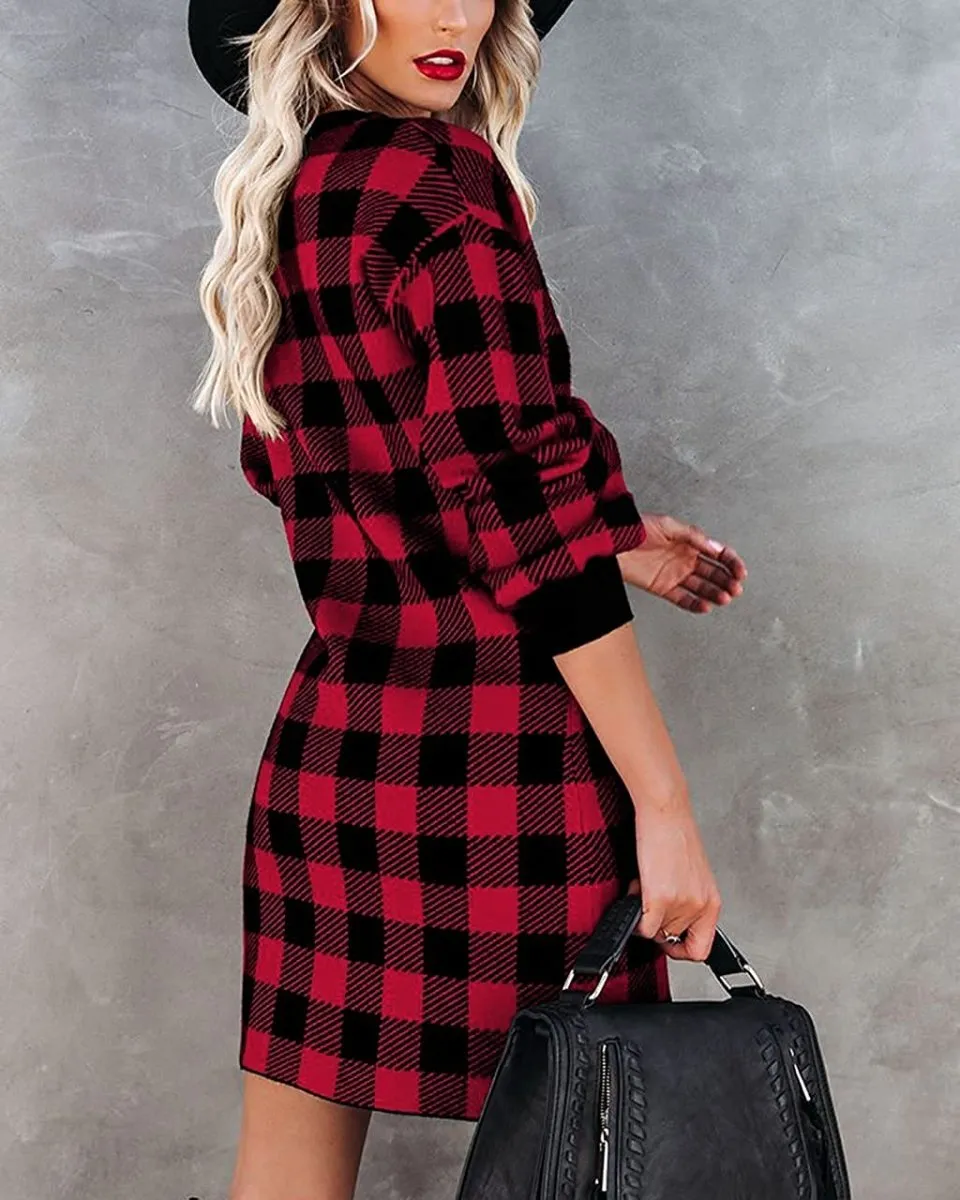 Women Crew Neck Knit Plaid Pullover Sweater Dress