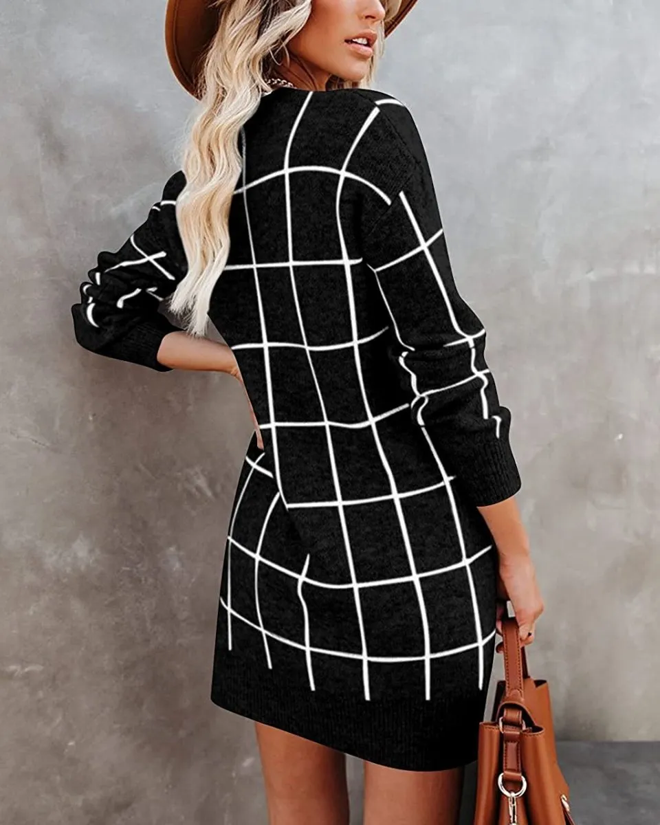 Women Crew Neck Knit Plaid Pullover Sweater Dress