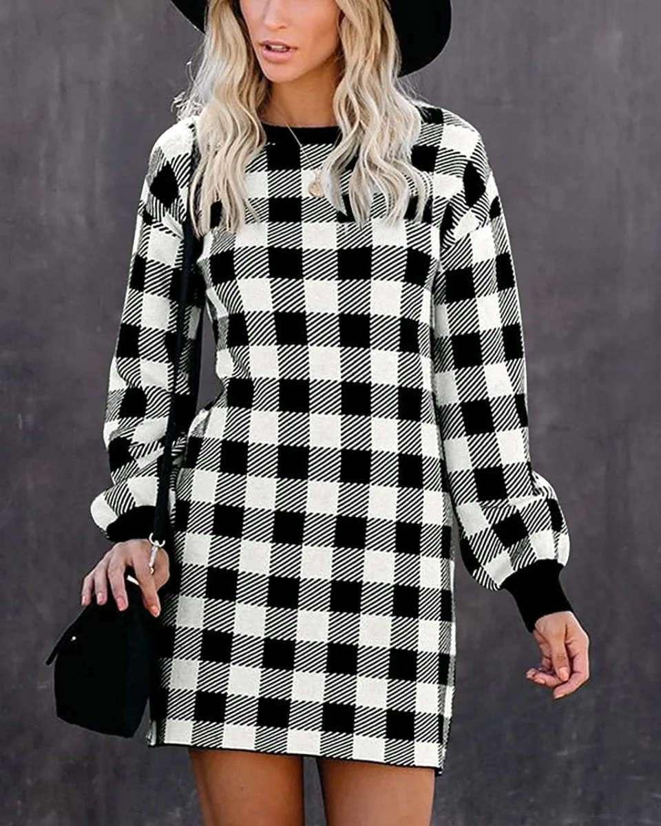 Women Crew Neck Knit Plaid Pullover Sweater Dress