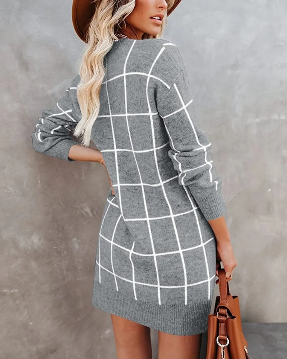 Women Crew Neck Knit Plaid Pullover Sweater Dress