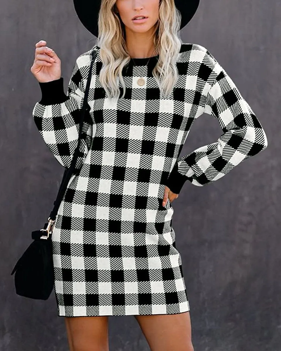 Women Crew Neck Knit Plaid Pullover Sweater Dress