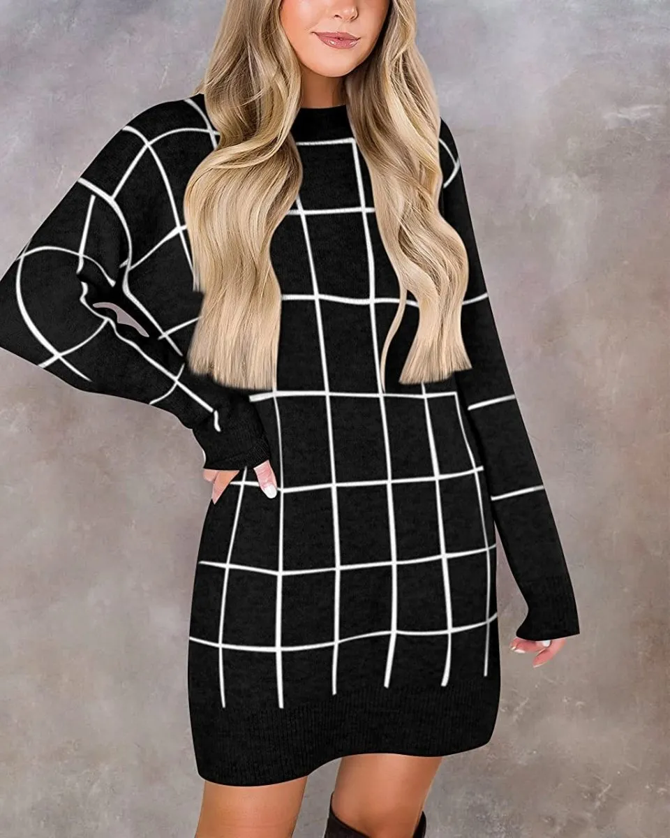 Women Crew Neck Knit Plaid Pullover Sweater Dress