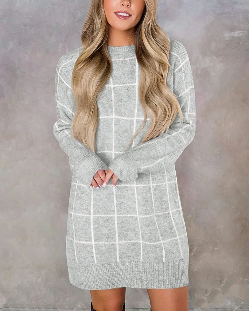 Women Crew Neck Knit Plaid Pullover Sweater Dress