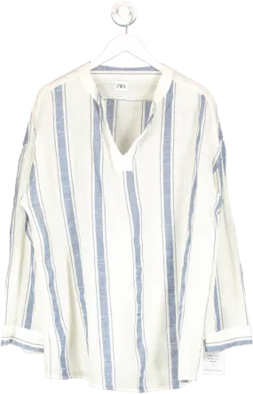 ZARA Cream Striped Cotton Collarless V Neck Shirt UK M